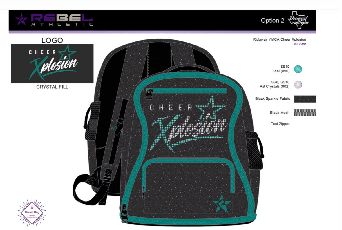 XPLOSION- REBEL ATHLETIC Imagine Rebel Dream Bag Plus with Teal Zipper BLING LOGO